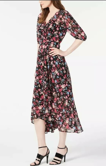 Calvin Klein Floral Chiffon Faux-Wrap Dress - Picture 2 of 3
